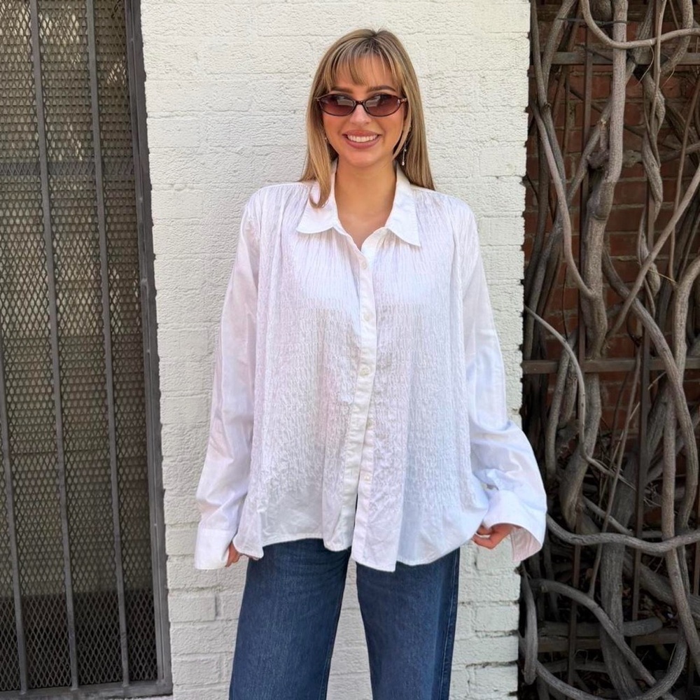 Vintage Liz Claiborne boho White ribbed textured button up blouse